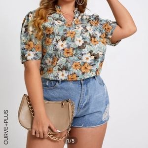 *FREE WITH SHEIN PURCHASE!* Plus Floral Print Puff Sleeve Notched Neck Blouse